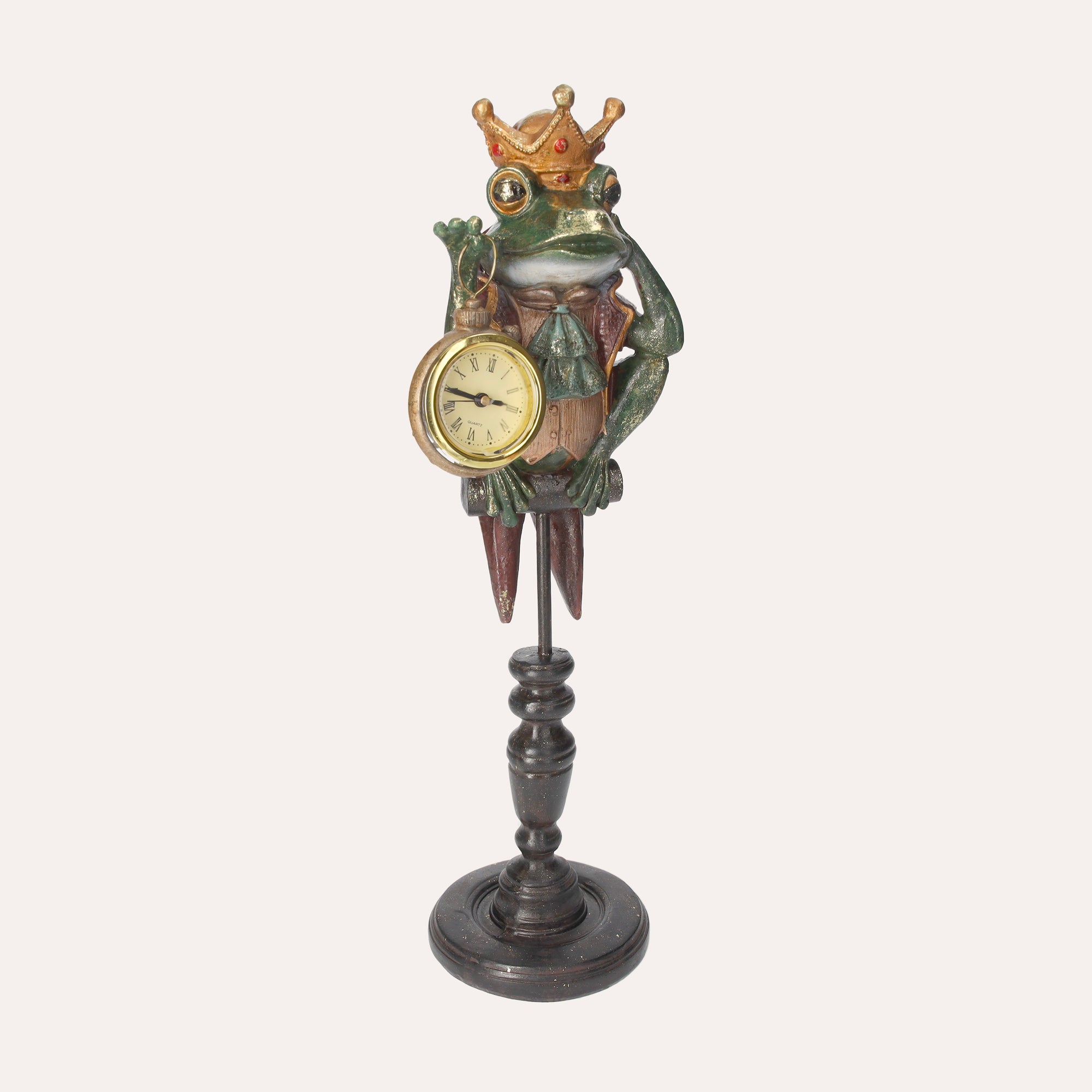 Frog Figurine with Crown and Vintage Clock