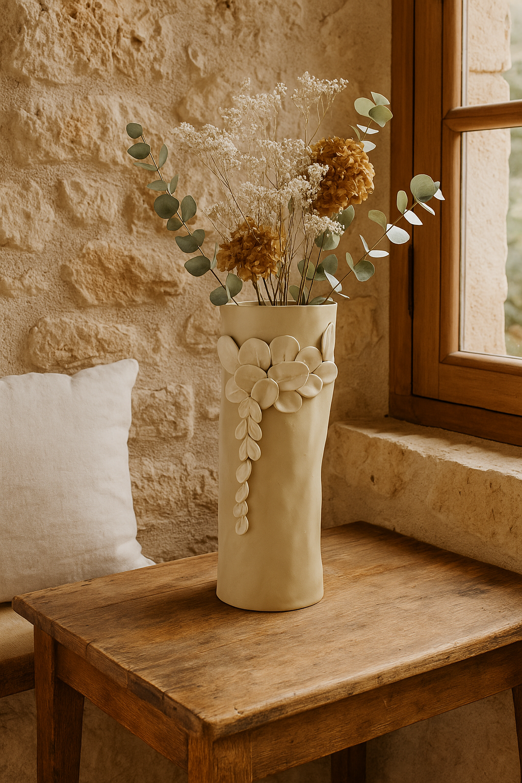 Vaso Cilindrico Color Sabbia in Ceramica con Decorazioni di Petali - h. 34 cm