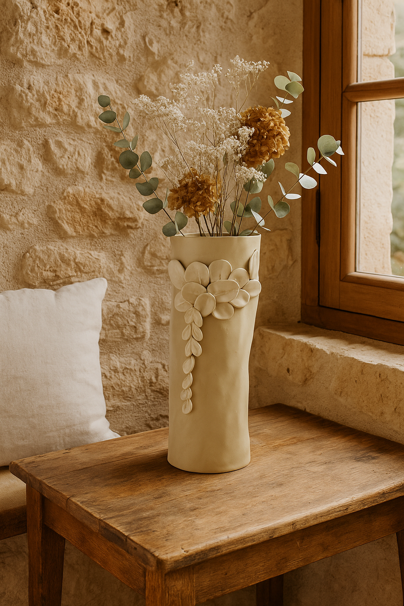 Vaso Cilindrico Color Sabbia in Ceramica con Decorazioni di Petali - h. 34 cm