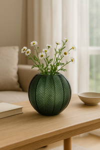 Vaso Tondo in Vetro Verde con Decoro Foglia – Arredo Casa Moderno ed Elegante