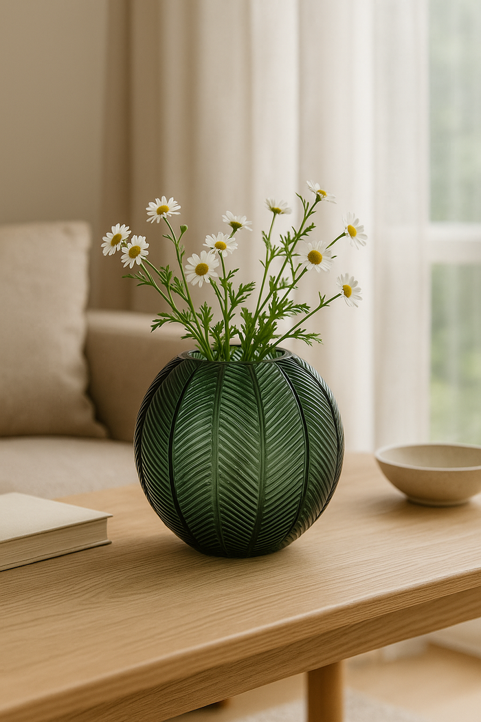 Vaso Tondo in Vetro Verde con Decoro Foglia – Arredo Casa Moderno ed Elegante