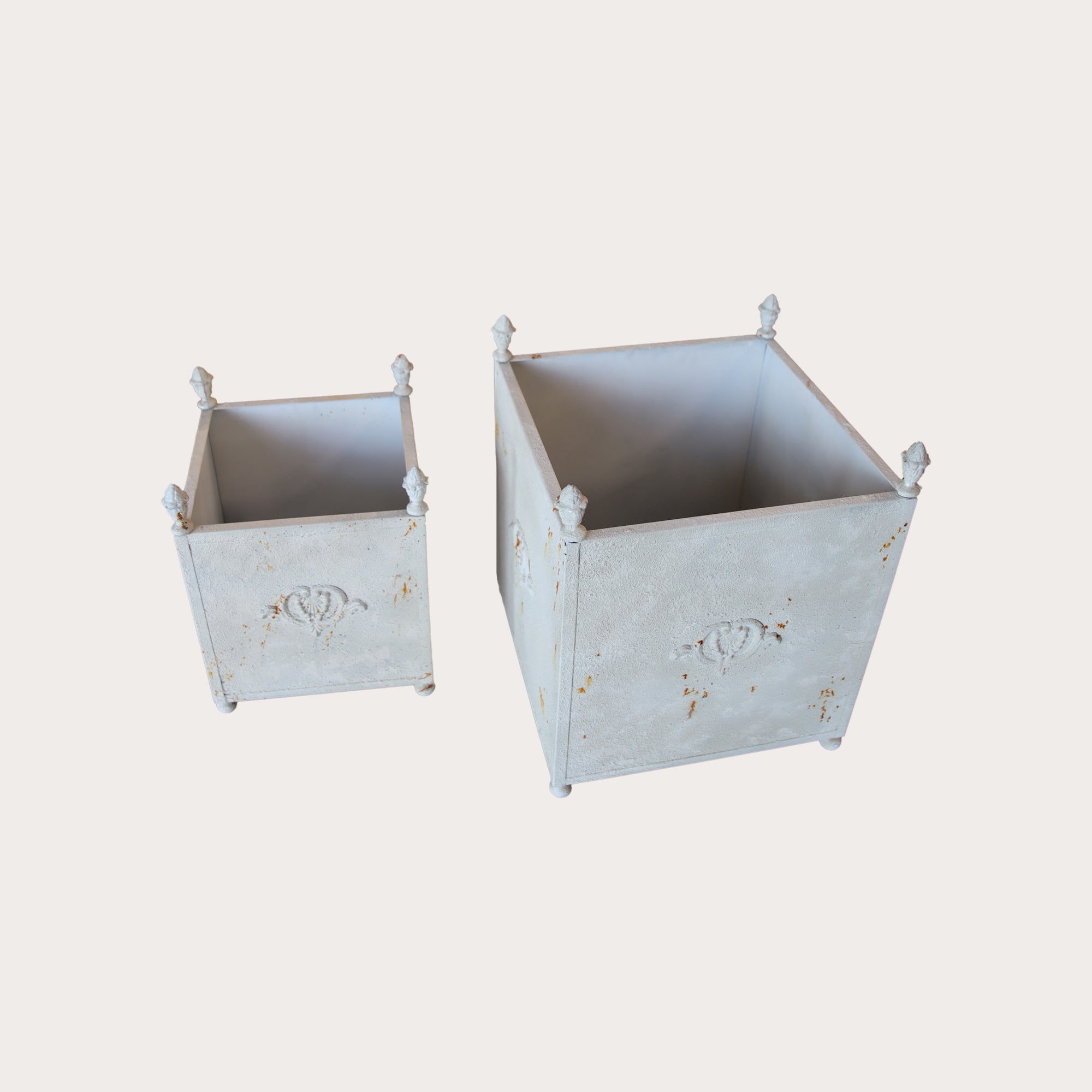 Set of 2 Antique White Iron Plant Holders 