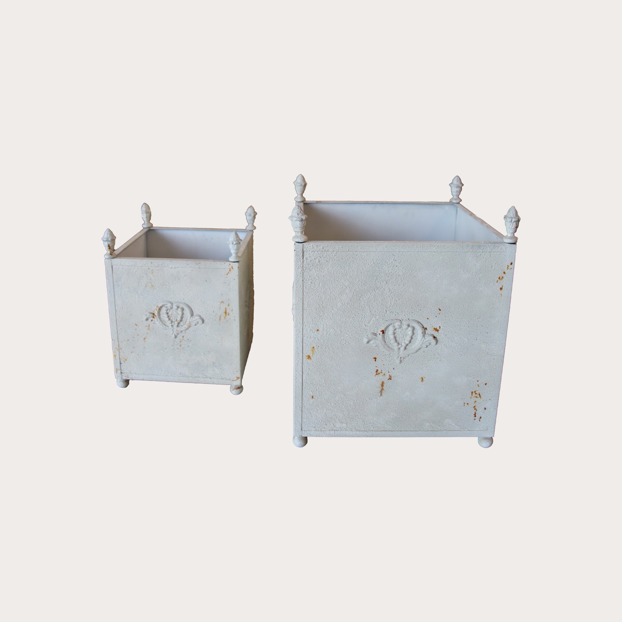 Set of 2 Antique White Iron Plant Holders 