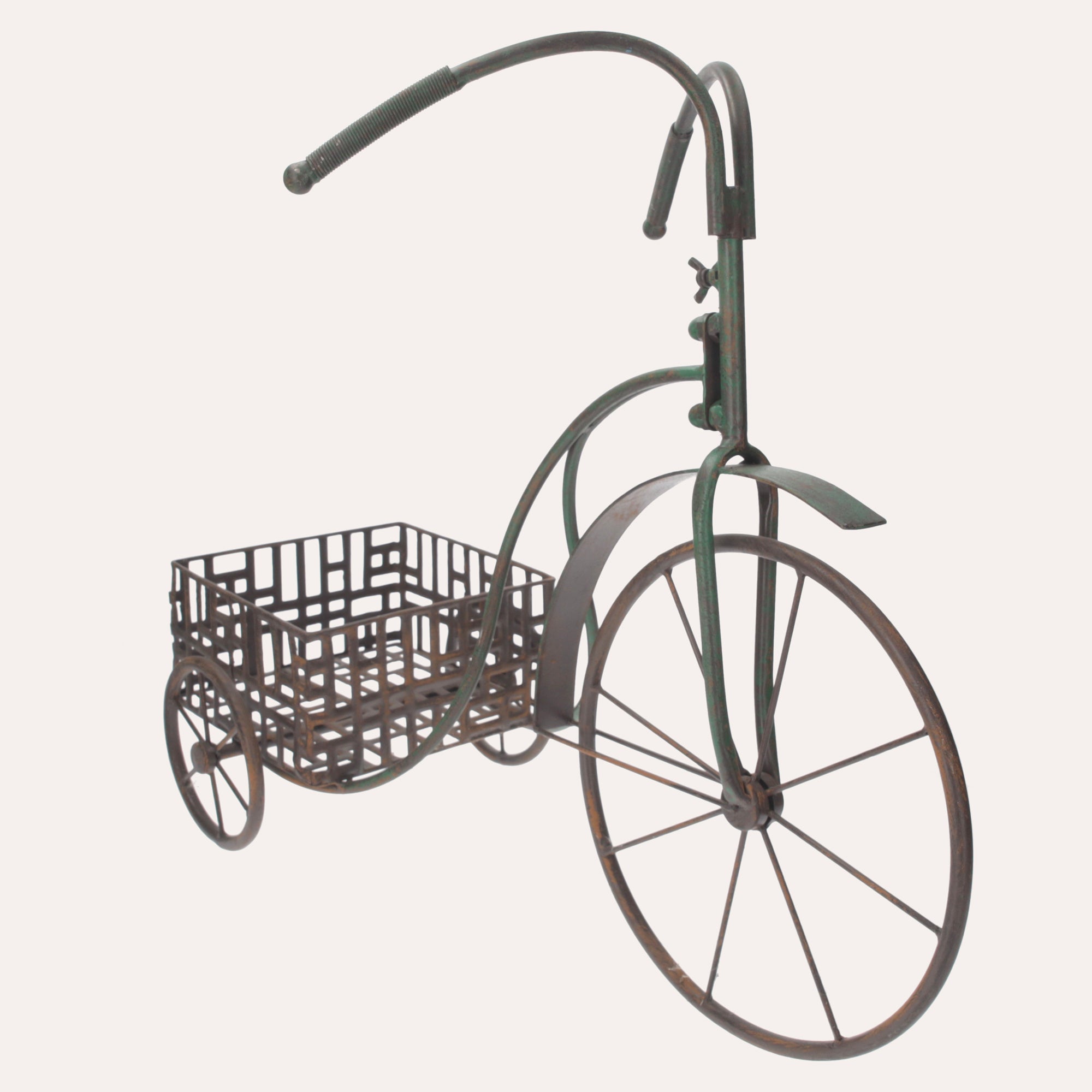 Triciclo Portavaso In Ferro Marrone Anticato, Decorazione Originale Per Terrazzi