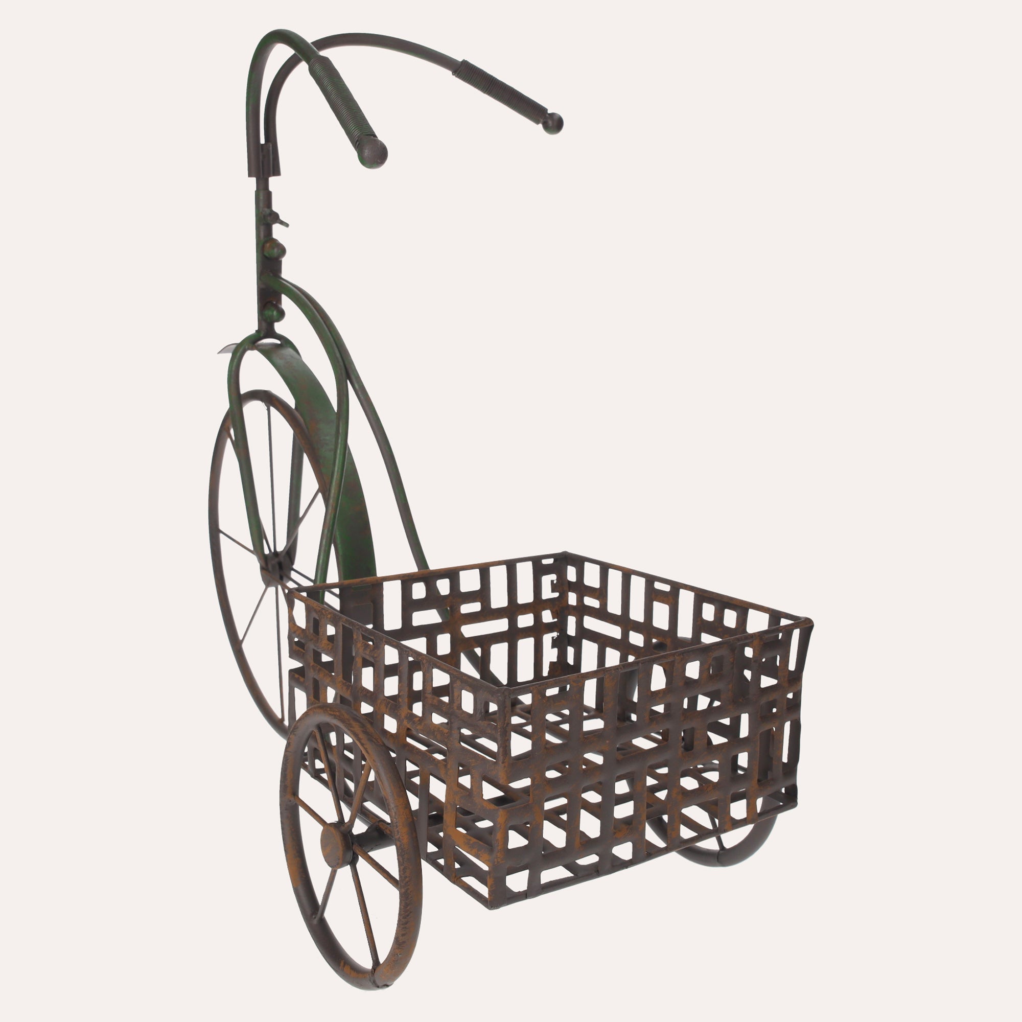 Triciclo Portavaso In Ferro Marrone Anticato, Decorazione Originale Per Terrazzi