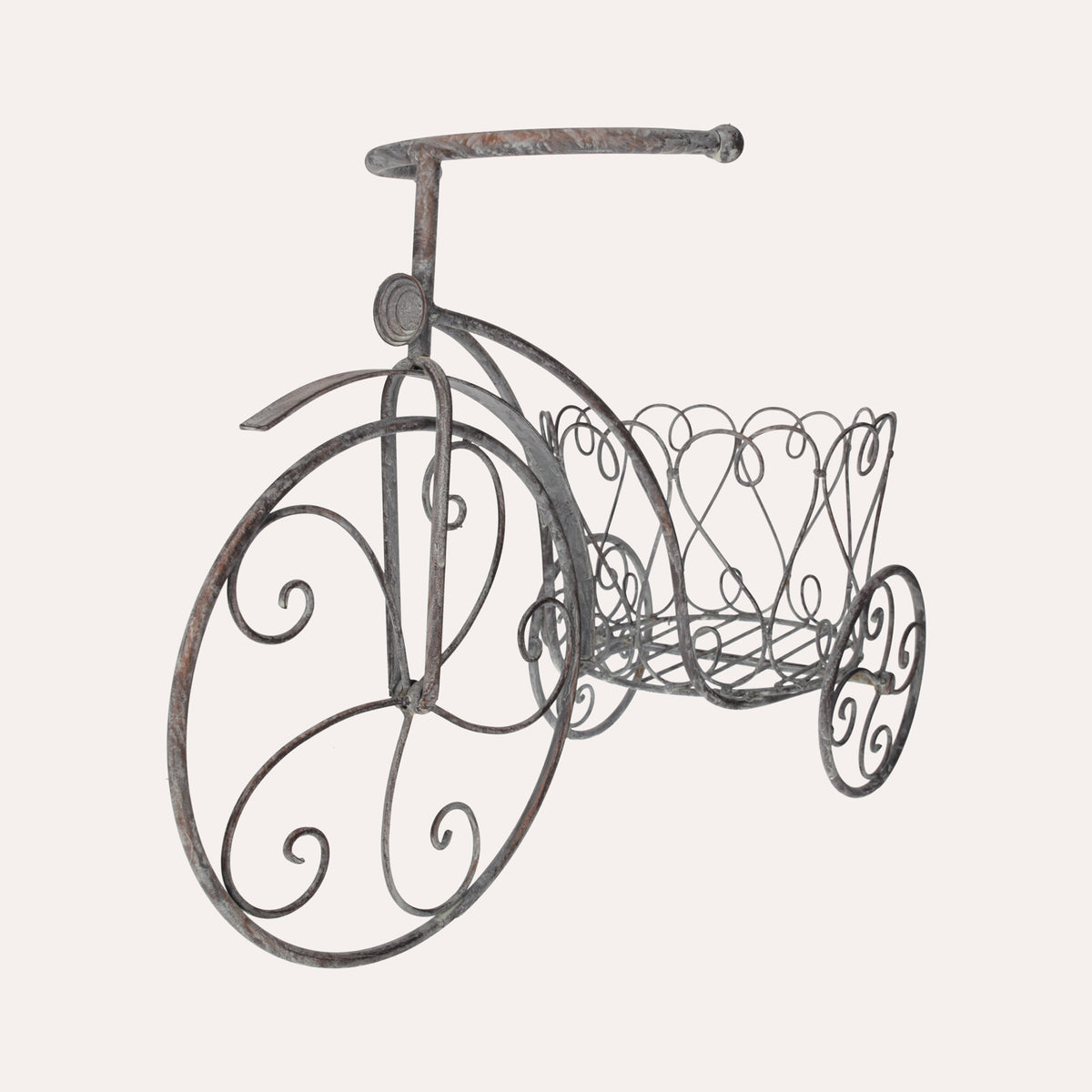 Triciclo Portapiante In Ferro Grigio Anticato, Elegante E Funzionale Per Giardini