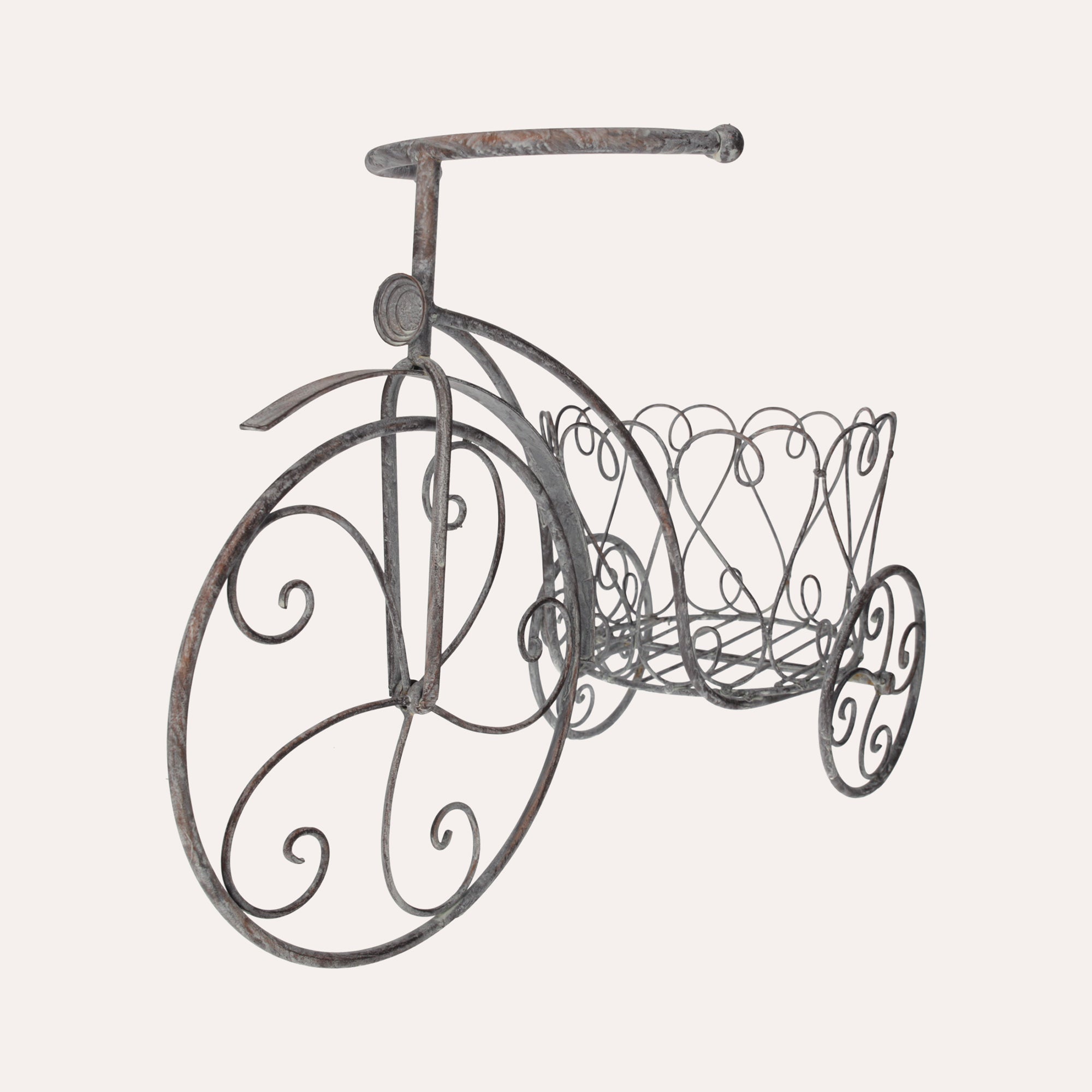 This elegant and functional tricycle plant stand in antique gray iron is perfect for gardens. 