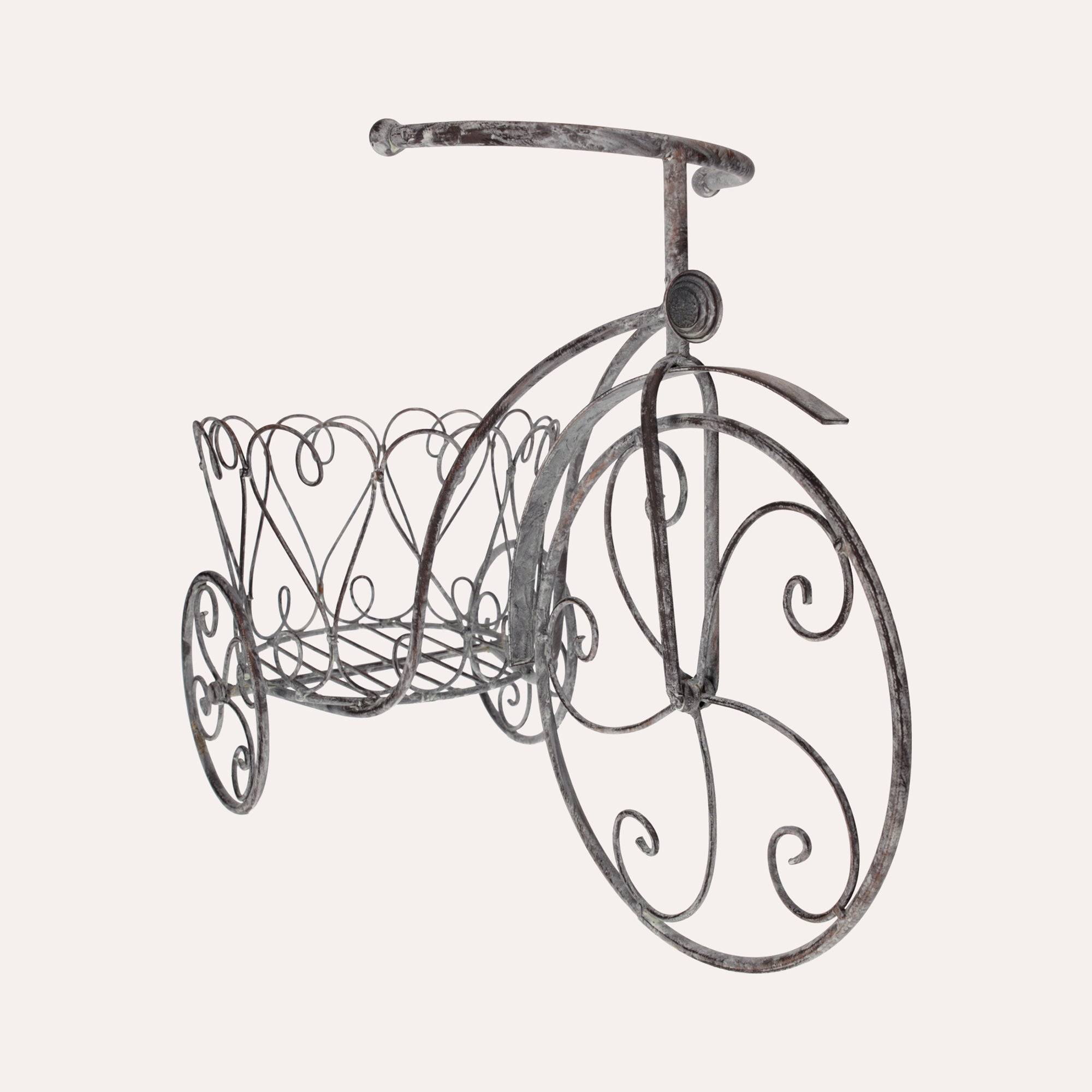 This elegant and functional tricycle plant stand in antique gray iron is perfect for gardens. 