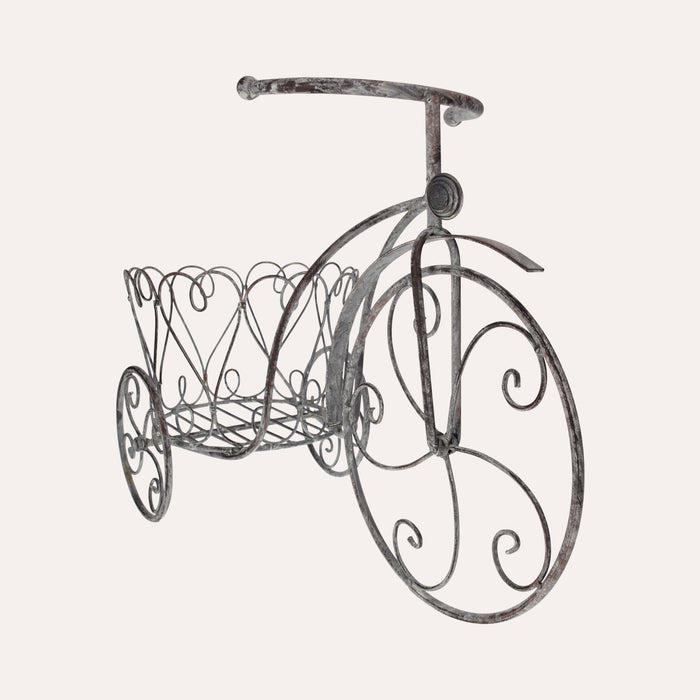 Triciclo Portapiante In Ferro Grigio Anticato, Elegante E Funzionale Per Giardini