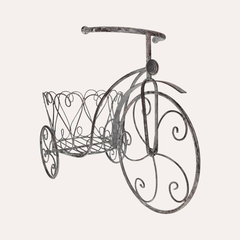 Triciclo Portapiante In Ferro Grigio Anticato, Elegante E Funzionale Per Giardini