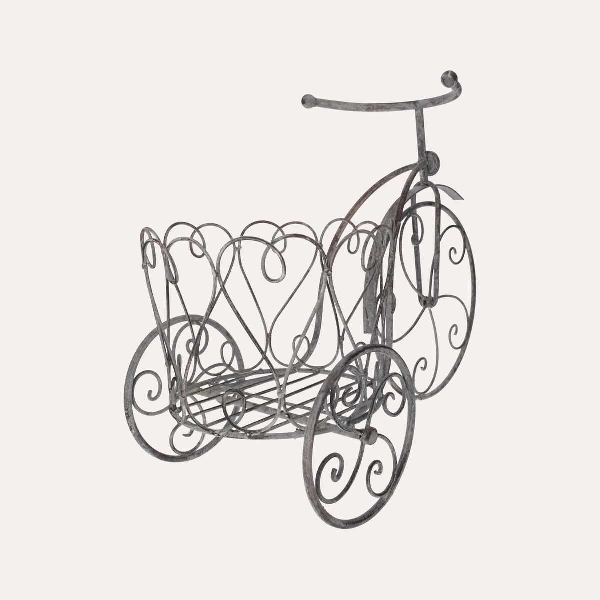 Triciclo Portapiante In Ferro Grigio Anticato, Elegante E Funzionale Per Giardini