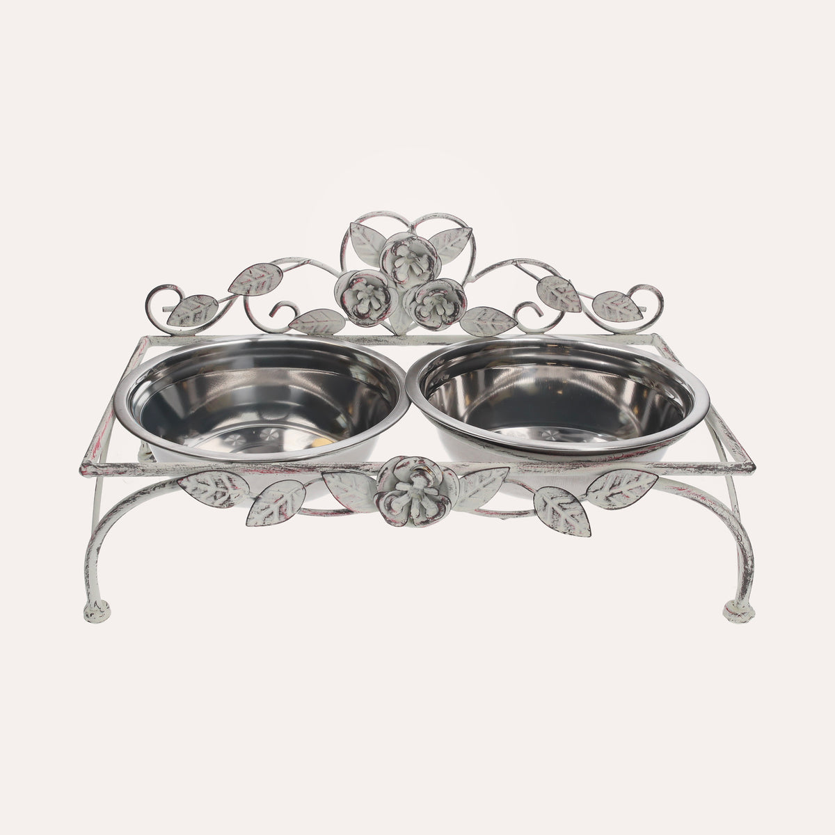 Set di Ciotole in Acciaio Inox per Cani e Gatti con Supporto Decorato a Rose