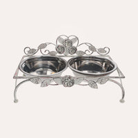 Set di Ciotole in Acciaio Inox per Cani e Gatti con Supporto Decorato a Rose