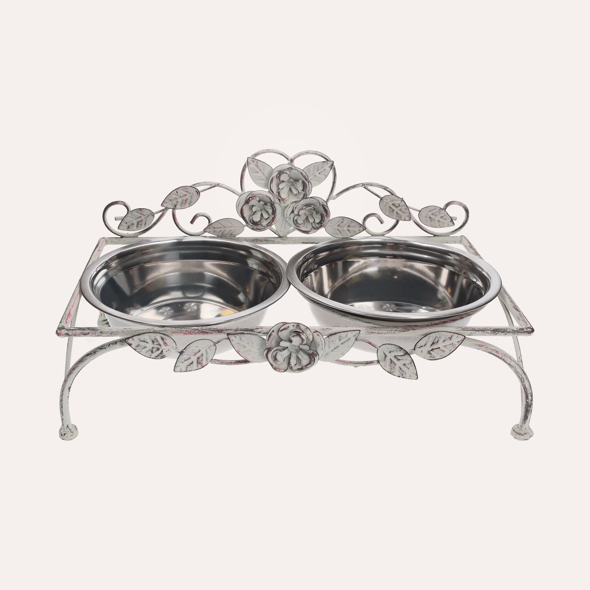 Stainless Steel Bowl Set for Dogs and Cats with Rose-Decorated Stand 