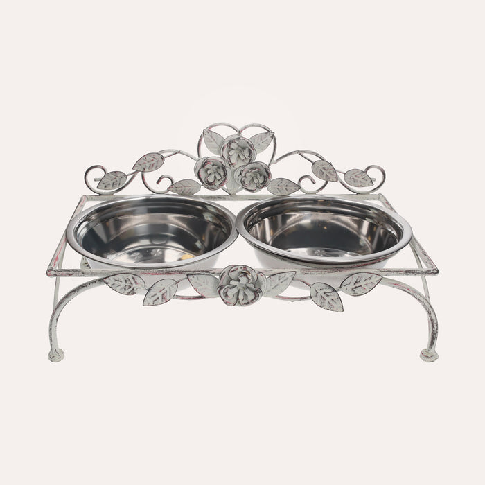 Set di Ciotole in Acciaio Inox per Cani e Gatti con Supporto Decorato a Rose