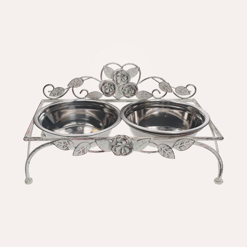 Set di Ciotole in Acciaio Inox per Cani e Gatti con Supporto Decorato a Rose