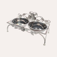 Set di Ciotole in Acciaio Inox per Cani e Gatti con Supporto Decorato a Rose