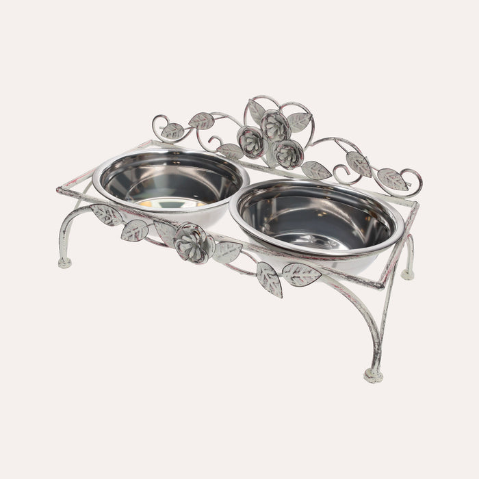Set di Ciotole in Acciaio Inox per Cani e Gatti con Supporto Decorato a Rose