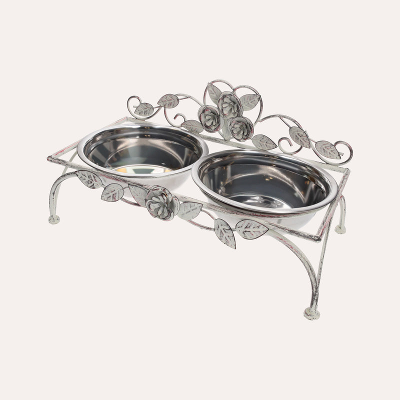 Set di Ciotole in Acciaio Inox per Cani e Gatti con Supporto Decorato a Rose