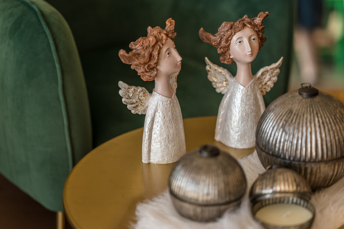 Statua Angelo Decorativo in Resina Bianco con Ali Dorate – Statuetta per Natale e Arredo Casa
