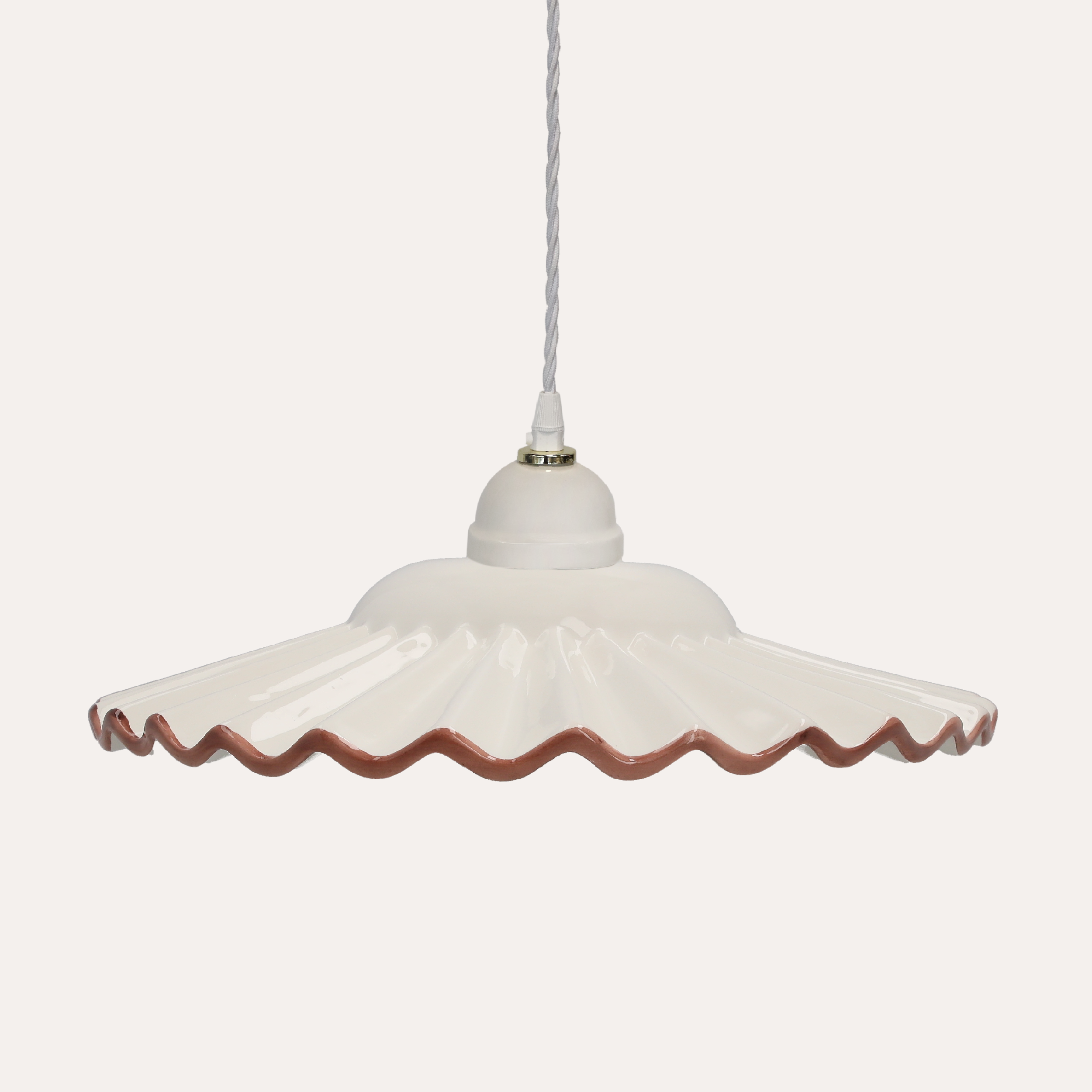 Lampadario Rustico Ceramica Bianca con Bordo Marrone e Treccia Ø 30 cm