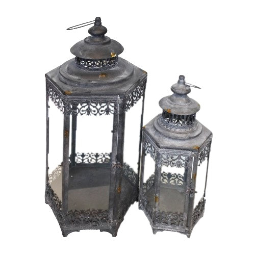 Set di 2 Lanterne Decorative in Ferro Grigio Anticato – Stile Vintage per Interni ed Esterni
