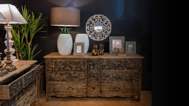 Comò in Legno 9 Cassetti Stile Rustico – 183x50xH86 cm