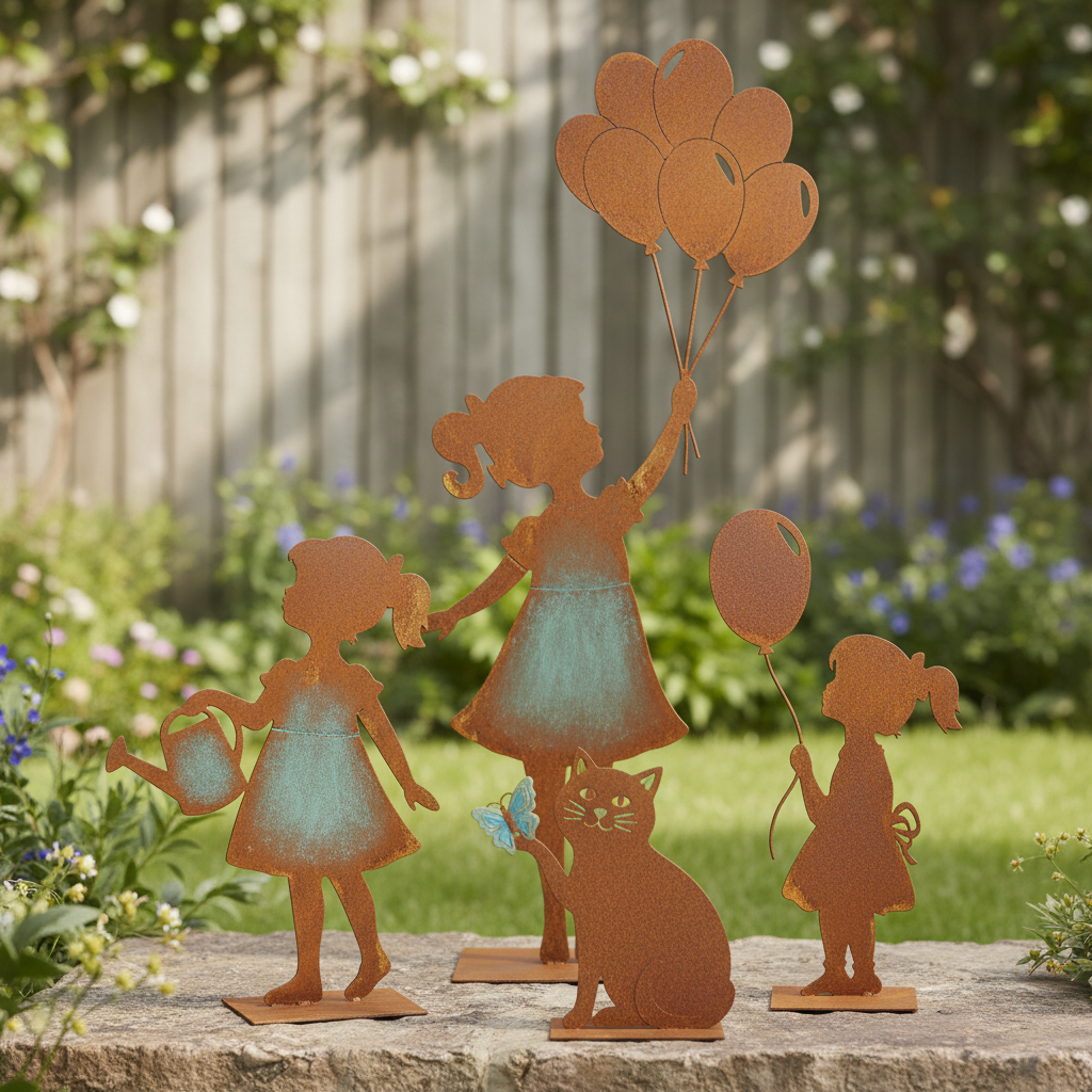 Collezione completa di 4 sculture decorative in ferro corten: Bimbe con palloncini e Gatto con farfalla