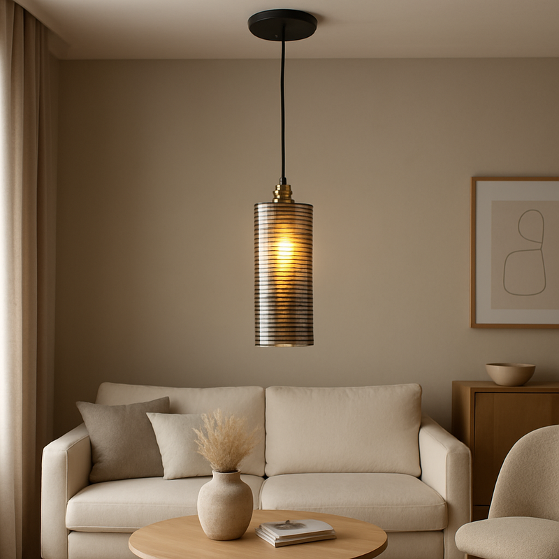Lampadario a Sospensione in Vetro Fumè Rigato Vintage-Industriale