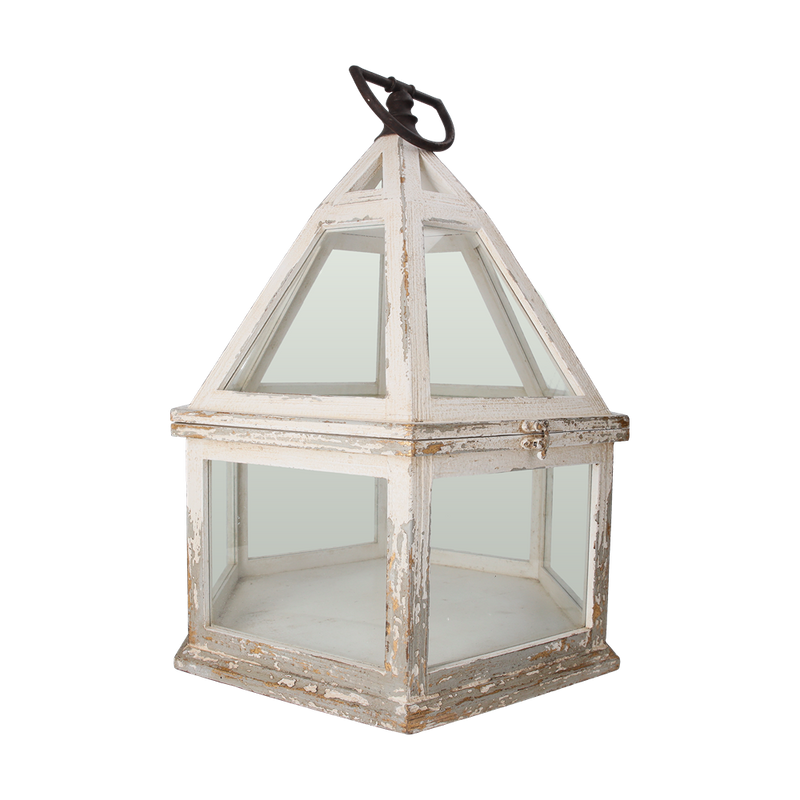 Lanterna Bassa Esagonale In Legno Bianco Anticato, Decorazione Versatile Per Interni Ed Esterni