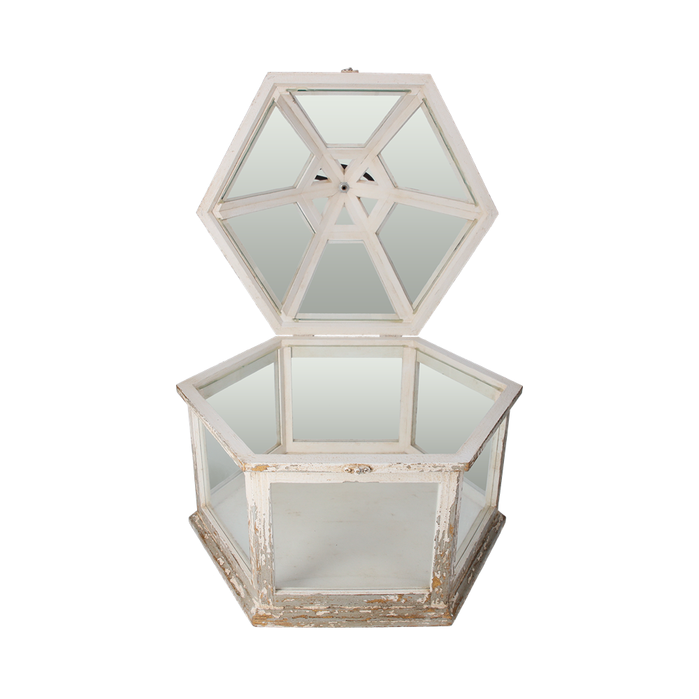 Lanterna Bassa Esagonale In Legno Bianco Anticato, Decorazione Versatile Per Interni Ed Esterni
