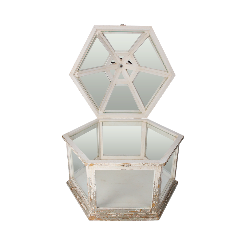 Lanterna Bassa Esagonale In Legno Bianco Anticato, Decorazione Versatile Per Interni Ed Esterni