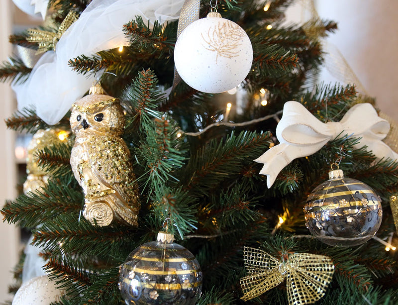 Palline di Natale in Vetro Trasparente con Decorazioni Nere e Oro – Set di 4