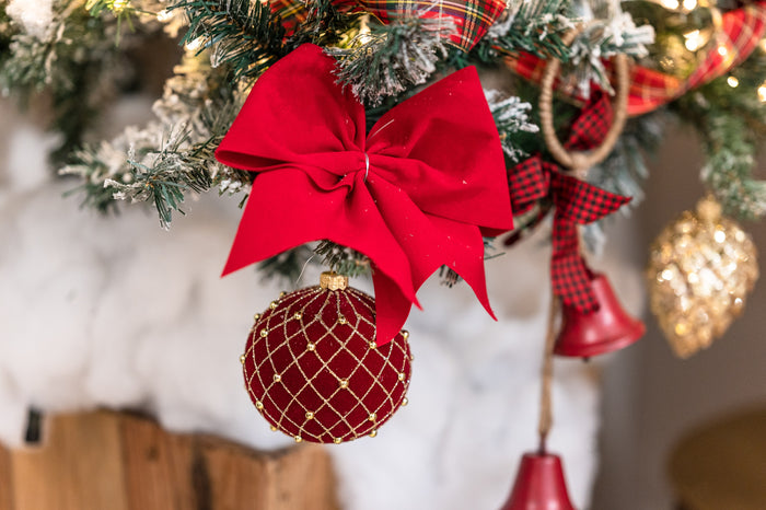 Set di 4 Palline di Natale in Vetro Rosse Vellutate