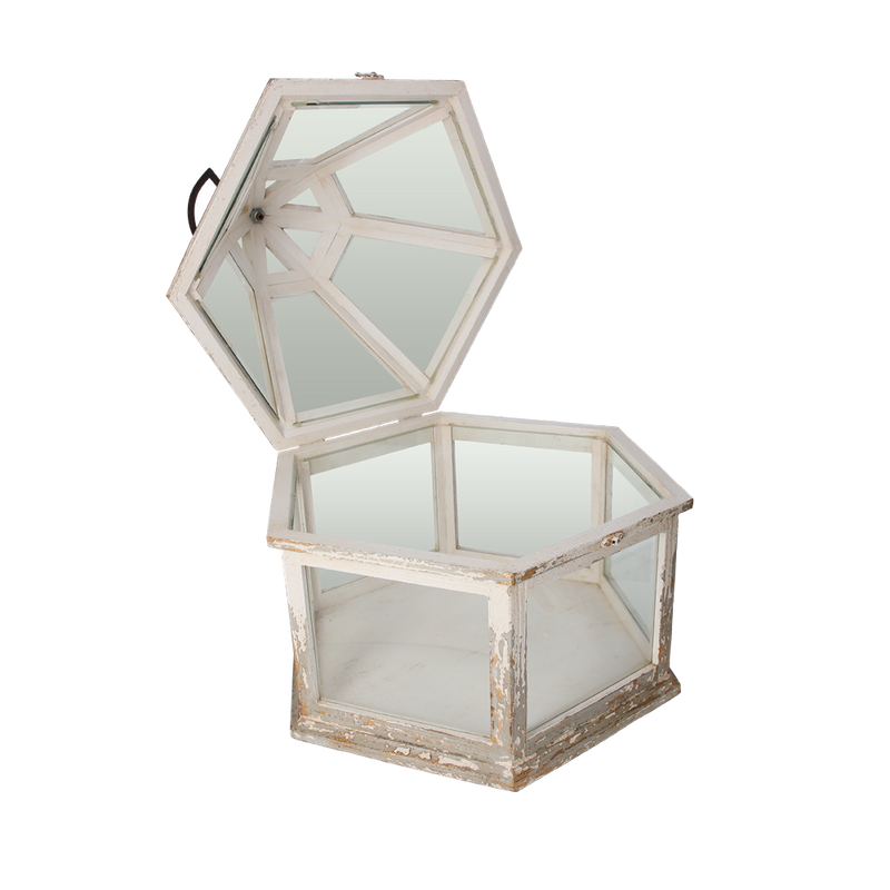 Lanterna Bassa Esagonale In Legno Bianco Anticato, Decorazione Versatile Per Interni Ed Esterni