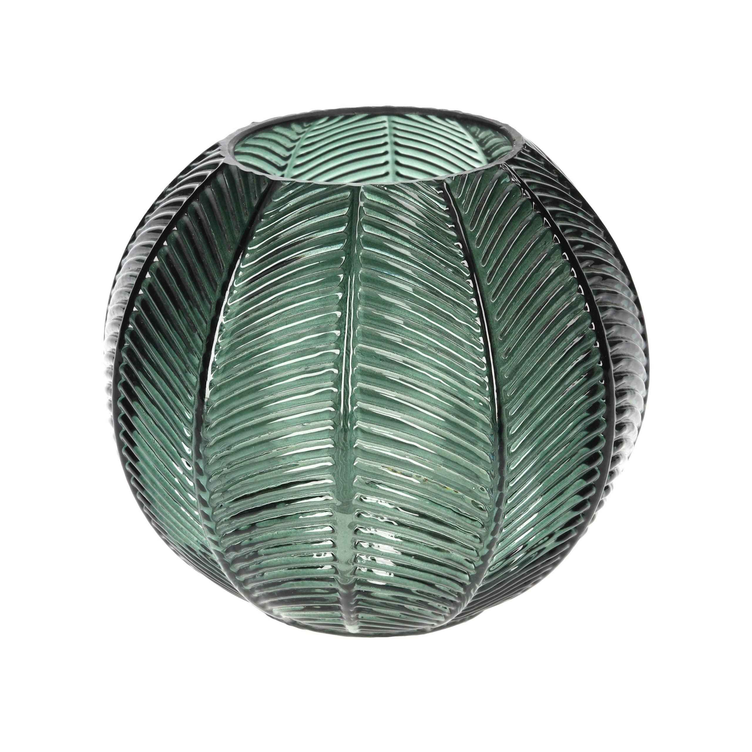Vaso Tondo in Vetro Verde con Decoro Foglia – Arredo Casa Moderno ed Elegante