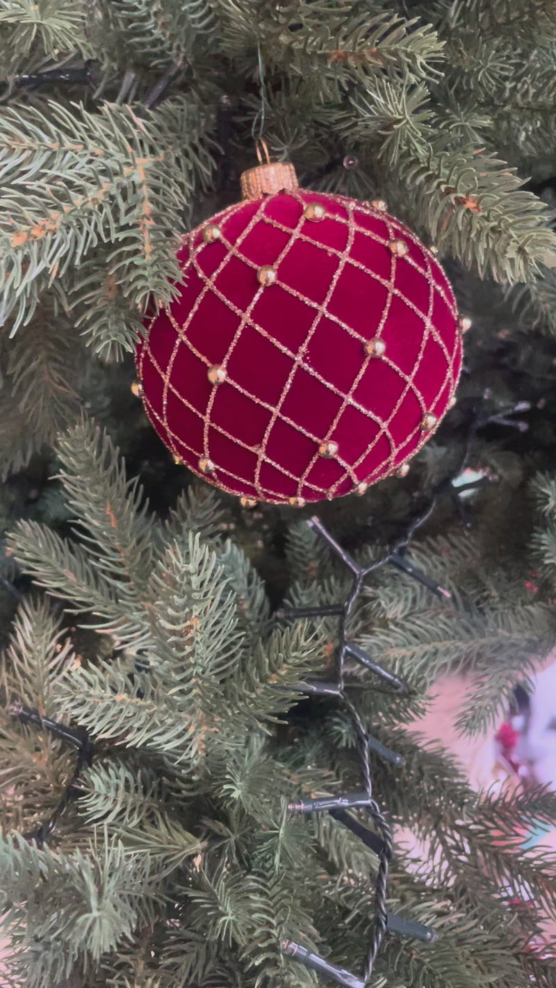 Set di 4 Palline di Natale in Vetro Rosse Vellutate