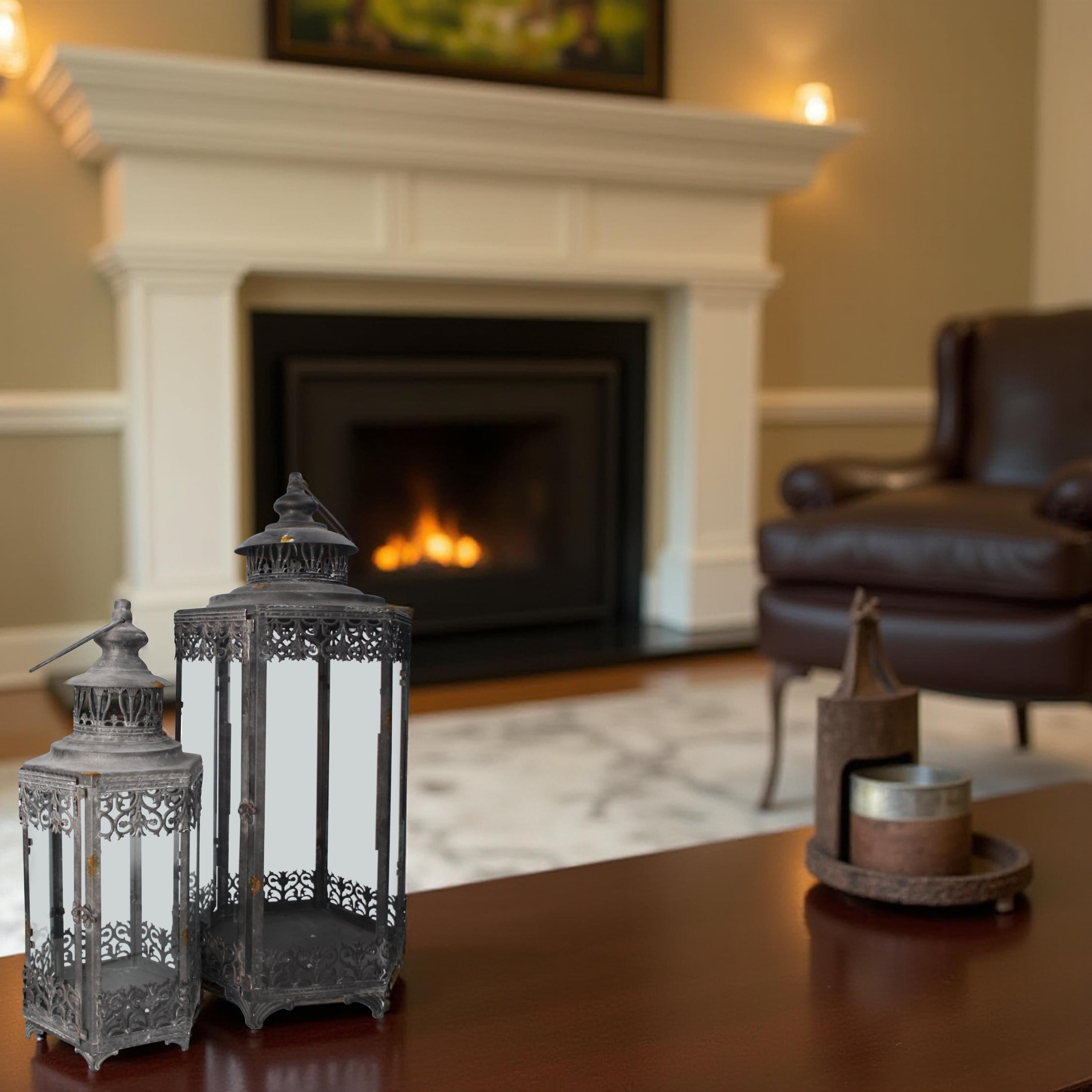 Set di 2 Lanterne Decorative in Ferro Grigio Anticato – Stile Vintage per Interni ed Esterni