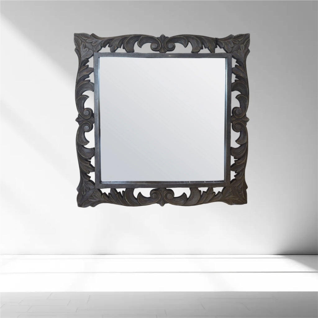 Square Dark Brown Wooden Mirror, Elegant for Living Rooms and Entryways 