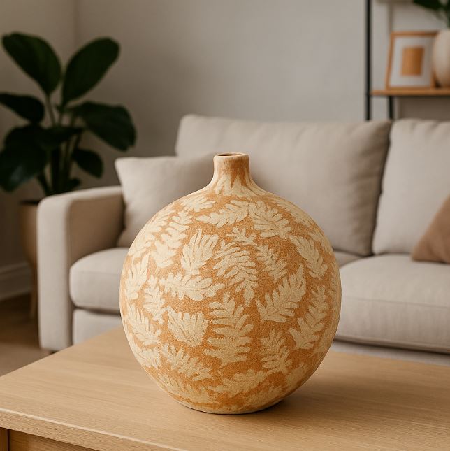Vaso In Ceramica colore Ocra decorato con foglie